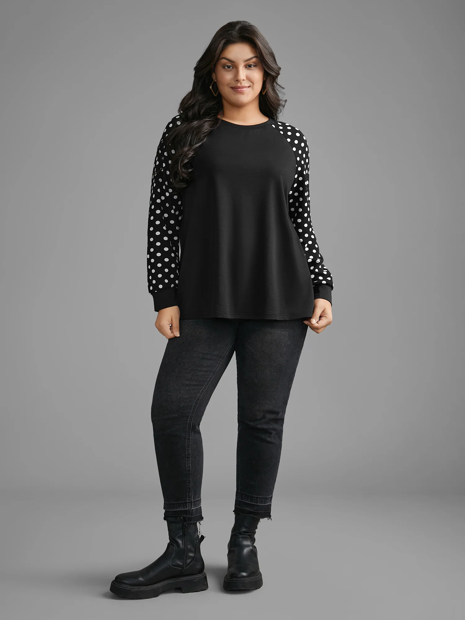 Polka Dot Patchwork Raglan Sleeve Sweatshirt - Image 3