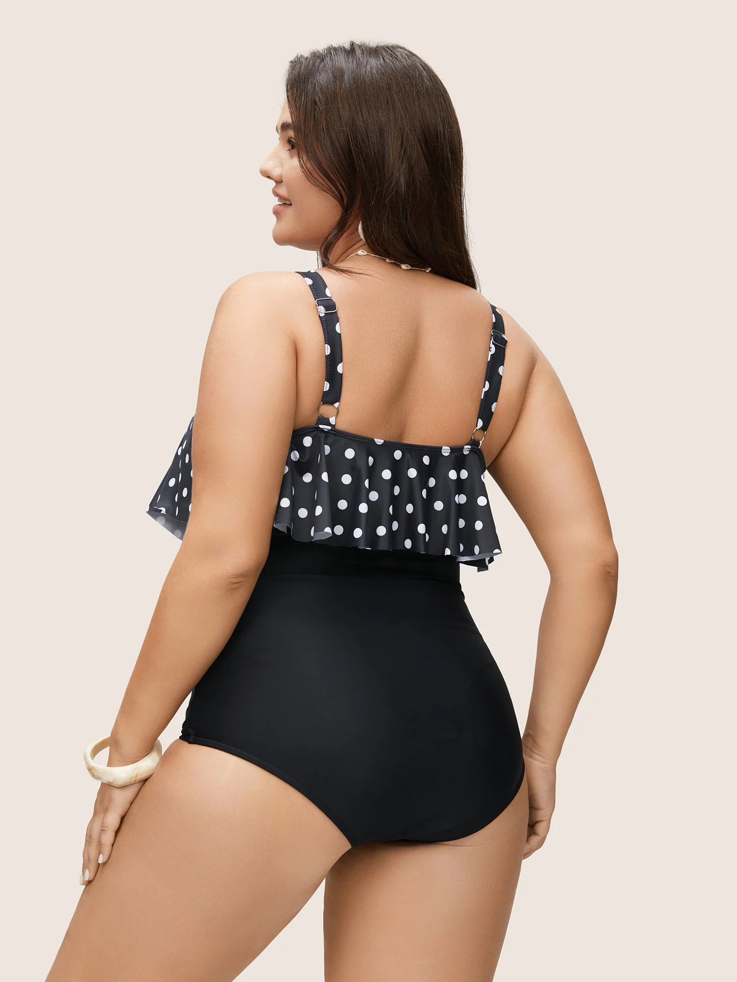 Polka Dot Patchwork Ruffles Gathered One Piece Swimsuit - Image 2