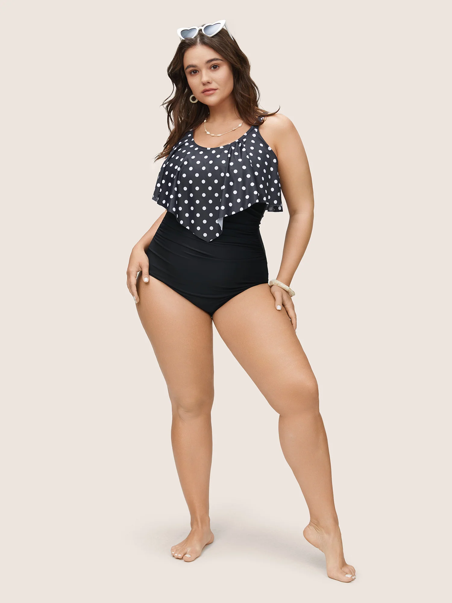 Polka Dot Patchwork Ruffles Gathered One Piece Swimsuit - Image 3