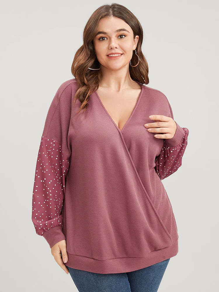 Polka Dot Patchwork Wrap Waffle Knit Sweatshirt - Image 2