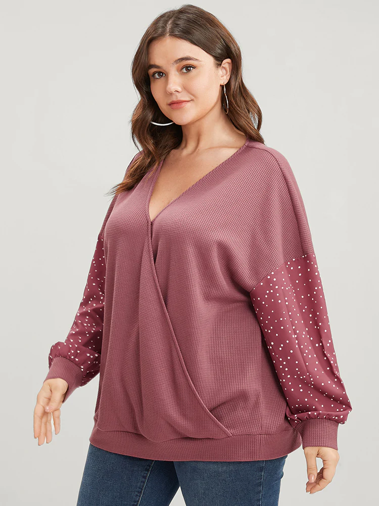 Polka Dot Patchwork Wrap Waffle Knit Sweatshirt - Image 3