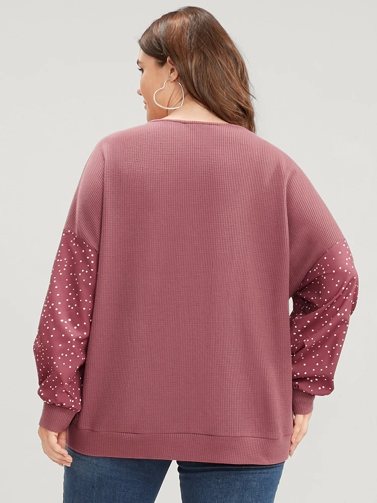 Polka Dot Patchwork Wrap Waffle Knit Sweatshirt - Image 5