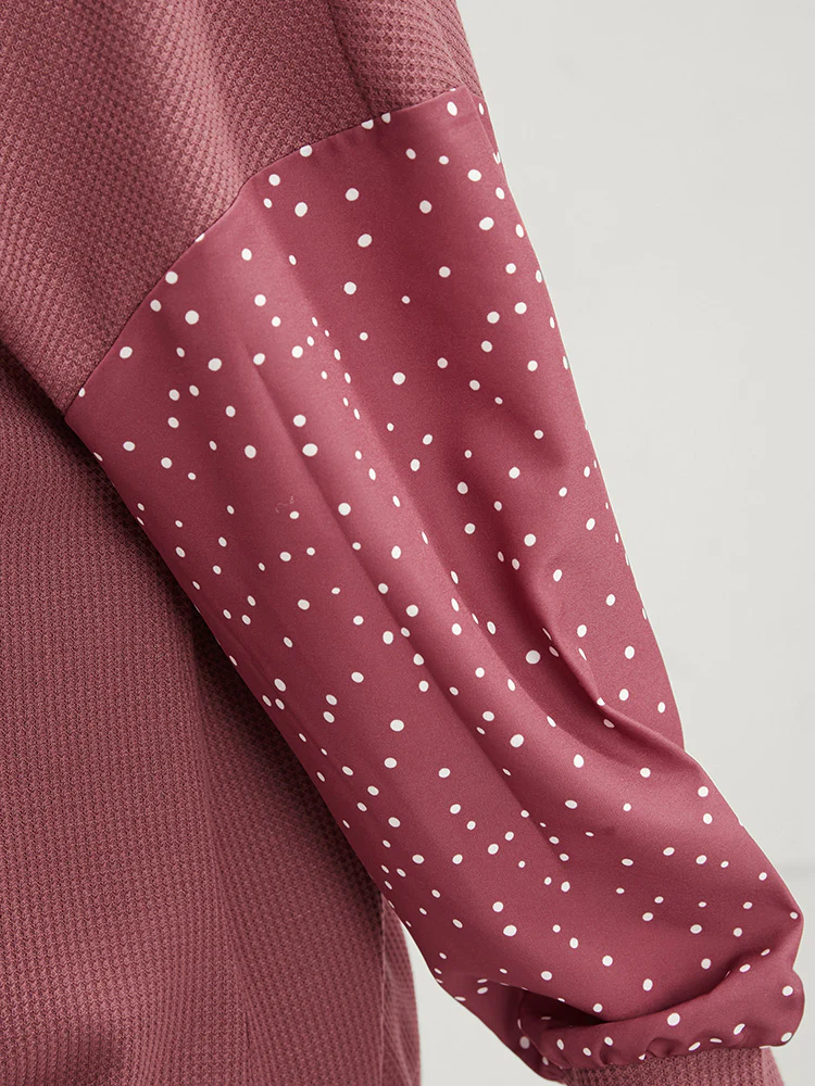 Polka Dot Patchwork Wrap Waffle Knit Sweatshirt - Image 6