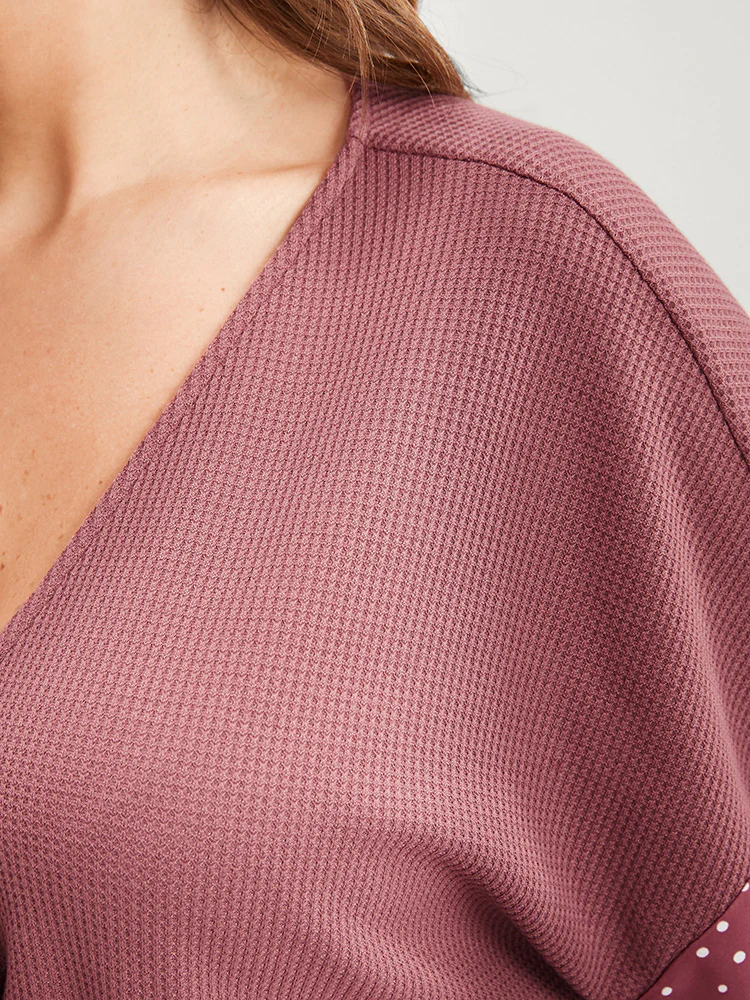 Polka Dot Patchwork Wrap Waffle Knit Sweatshirt - Image 8