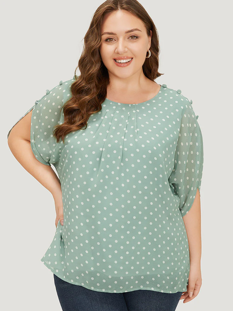 Polka Dot Pleated Button Detail Split Sleeve Blouse - Image 2