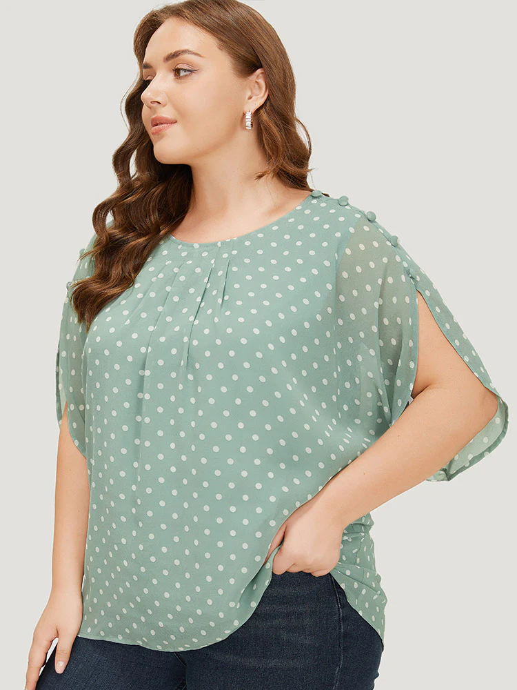 Polka Dot Pleated Button Detail Split Sleeve Blouse - Image 3