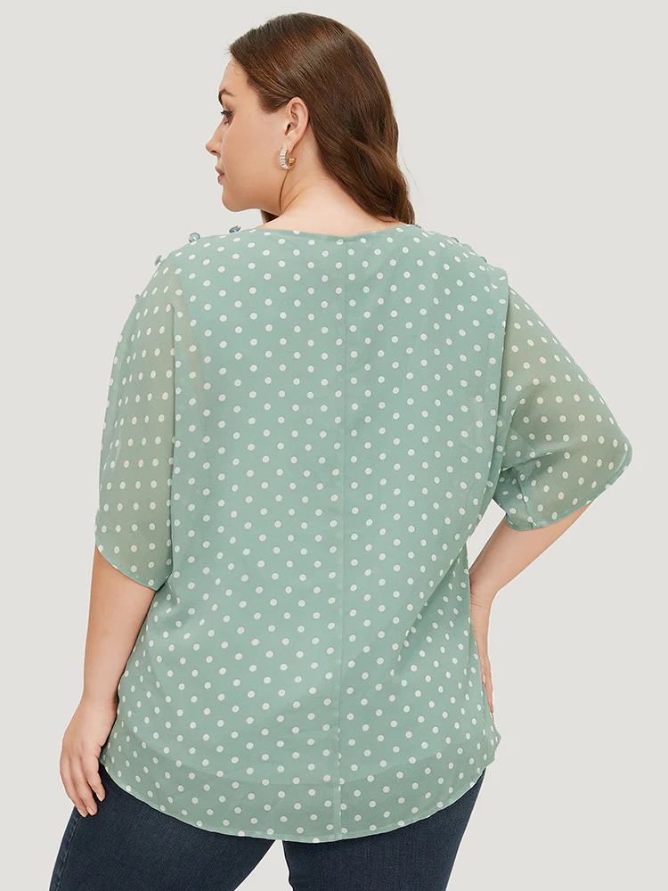 Polka Dot Pleated Button Detail Split Sleeve Blouse - Image 4