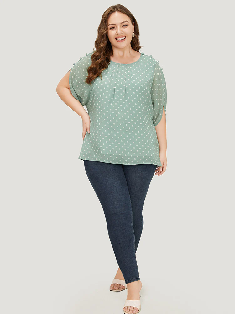Polka Dot Pleated Button Detail Split Sleeve Blouse - Image 5