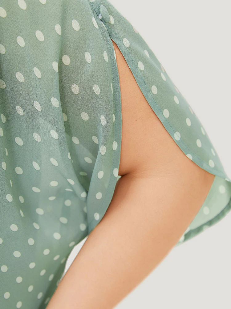 Polka Dot Pleated Button Detail Split Sleeve Blouse - Image 7