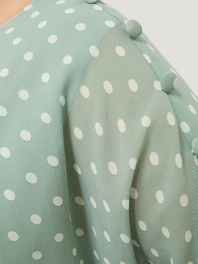 Polka Dot Pleated Button Detail Split Sleeve Blouse - Image 8