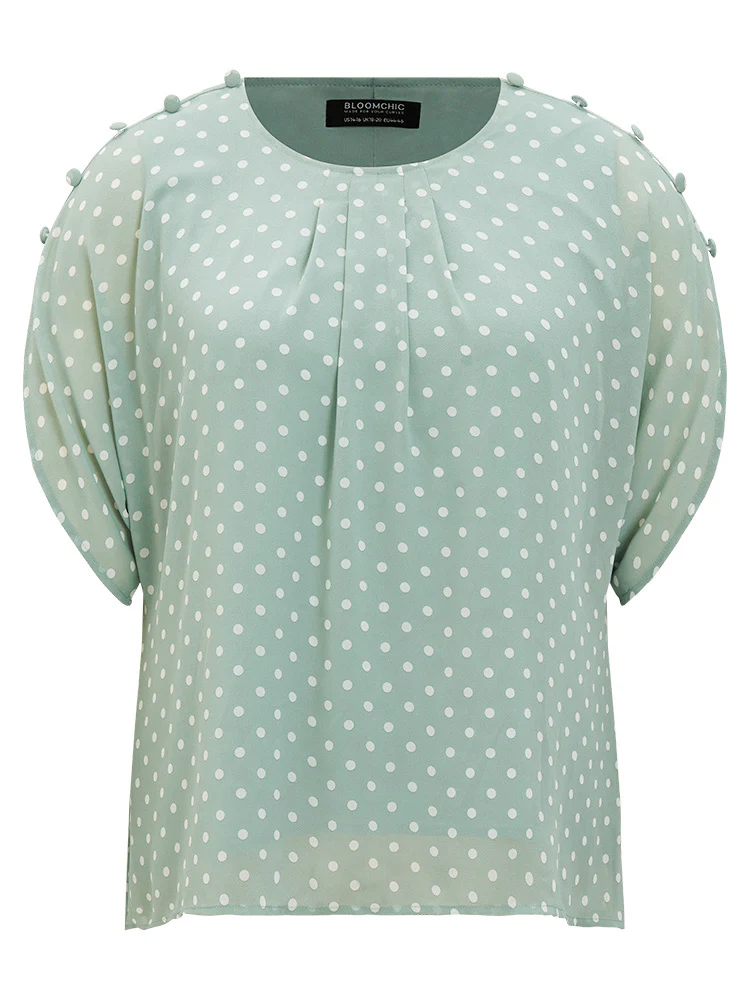 Polka Dot Pleated Button Detail Split Sleeve Blouse - Image 9