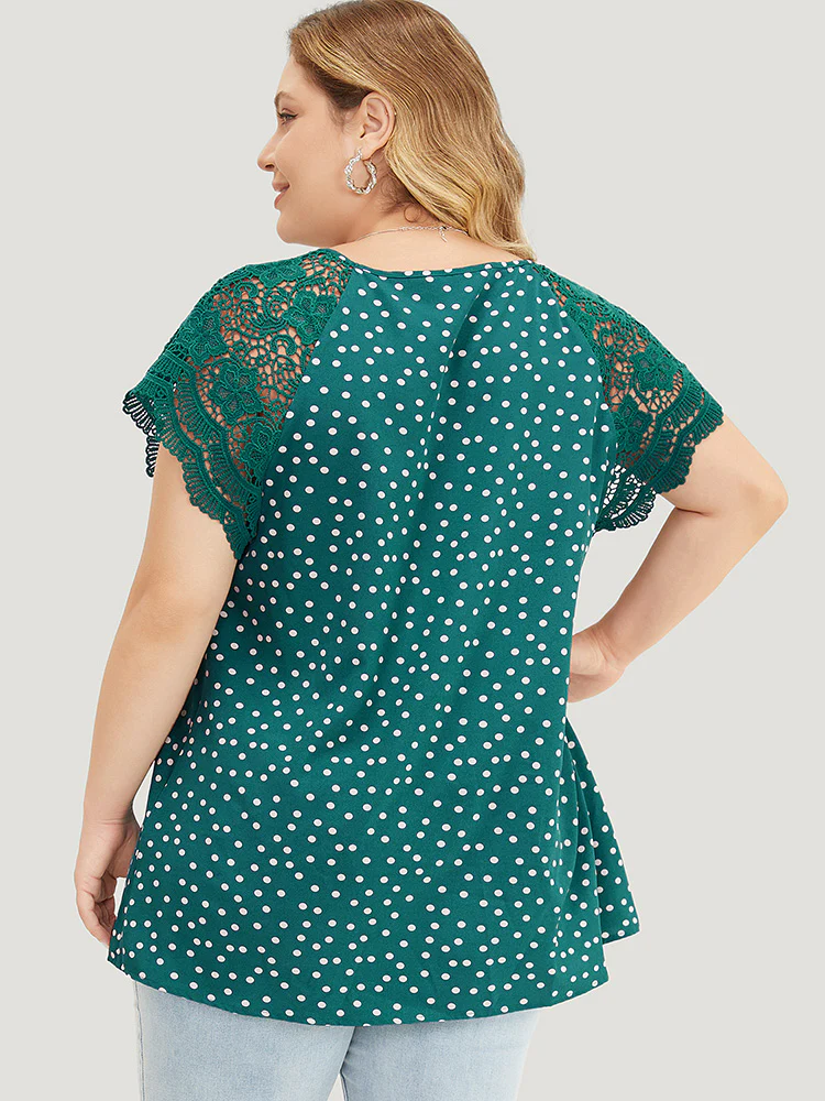 Polka Dot Pleated Detail Lace Raglan Sleeve Blouse - Image 2