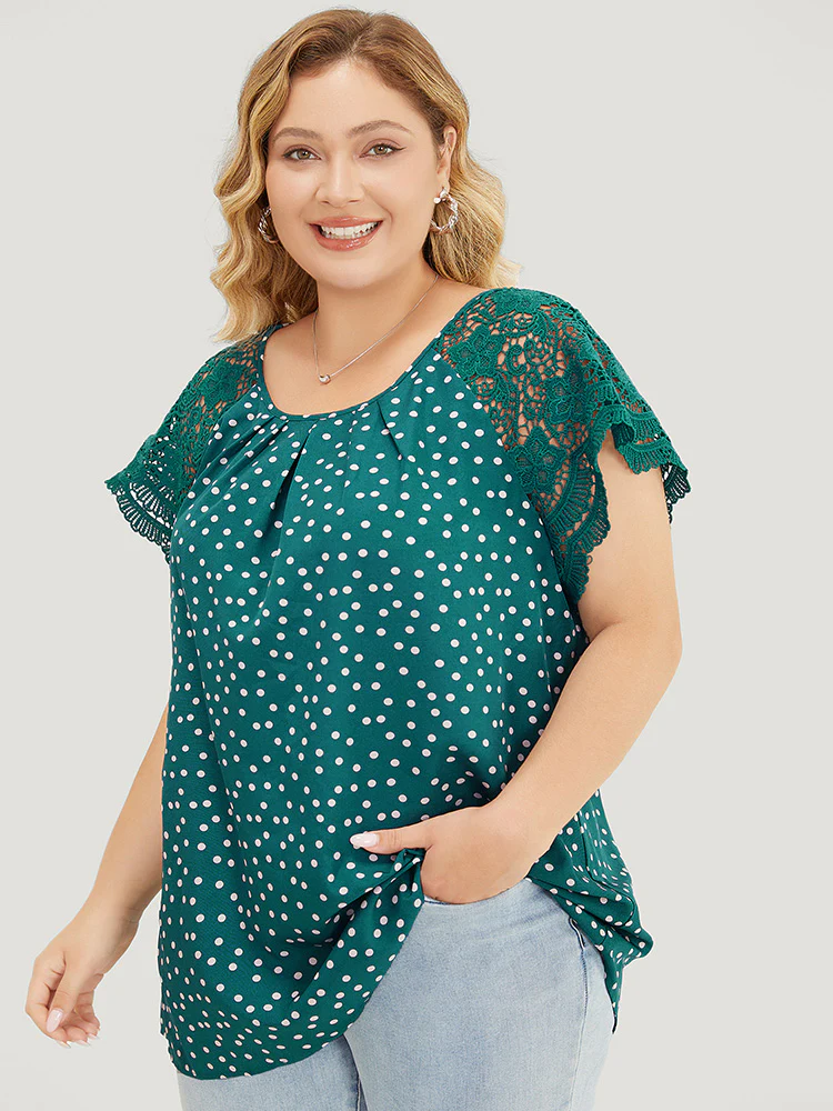 Polka Dot Pleated Detail Lace Raglan Sleeve Blouse - Image 3