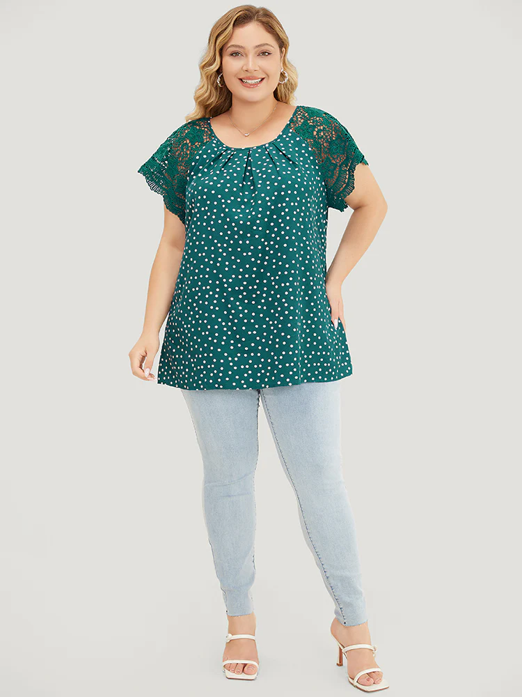 Polka Dot Pleated Detail Lace Raglan Sleeve Blouse - Image 4
