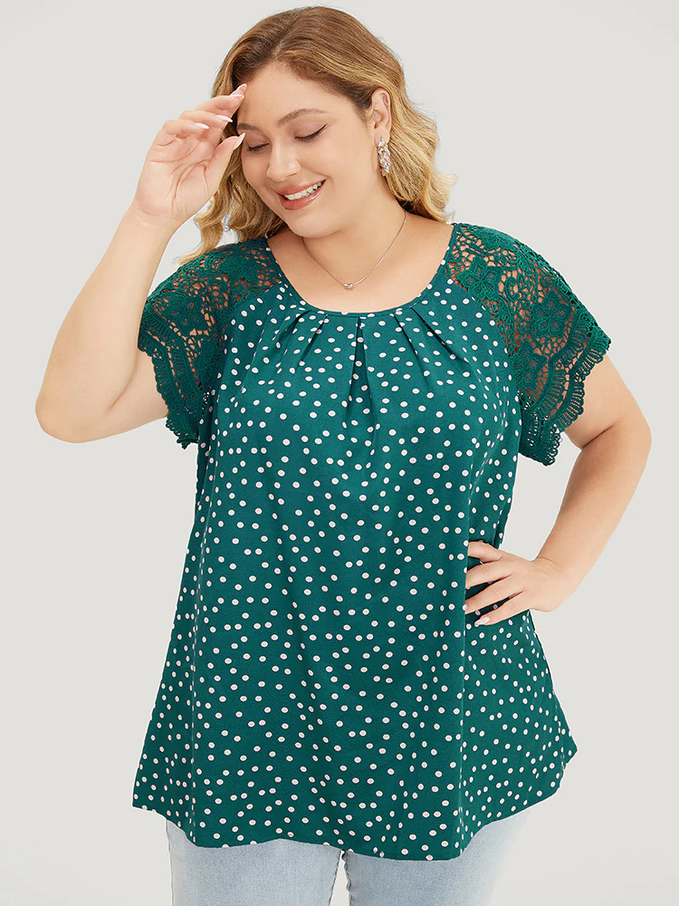 Polka Dot Pleated Detail Lace Raglan Sleeve Blouse - Image 5