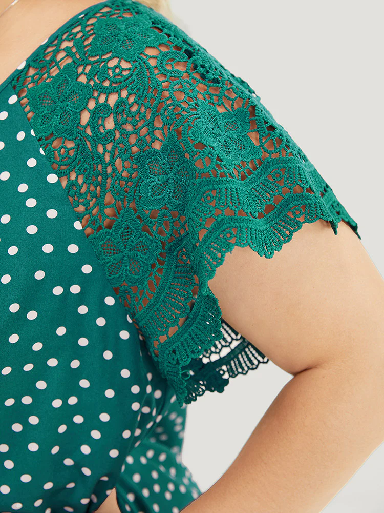 Polka Dot Pleated Detail Lace Raglan Sleeve Blouse - Image 7