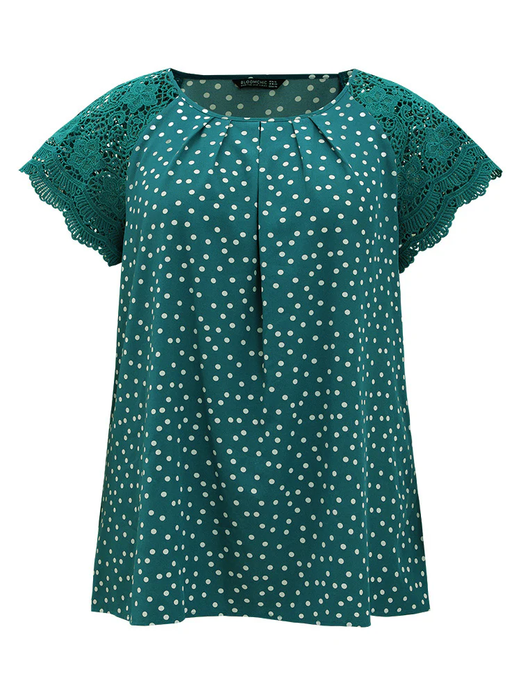 Polka Dot Pleated Detail Lace Raglan Sleeve Blouse - Image 8