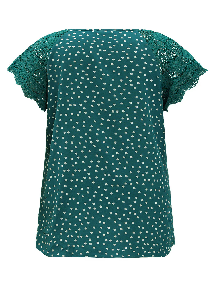 Polka Dot Pleated Detail Lace Raglan Sleeve Blouse - Image 9