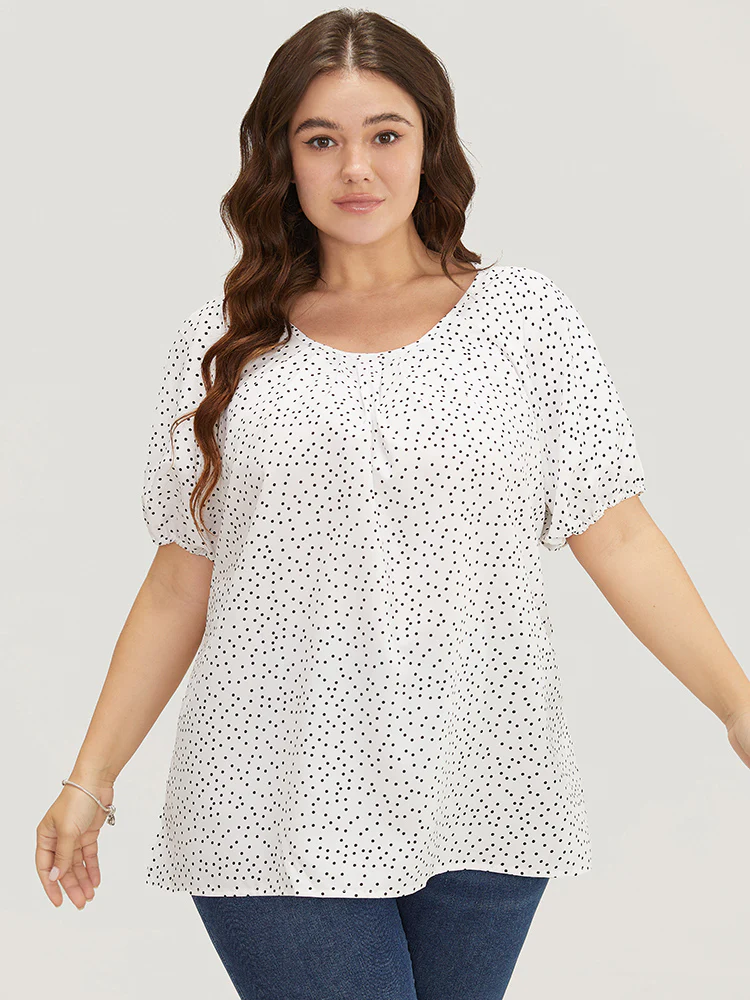 Polka Dot Pleated Round Neck Puff Sleeve Blouse - Image 2