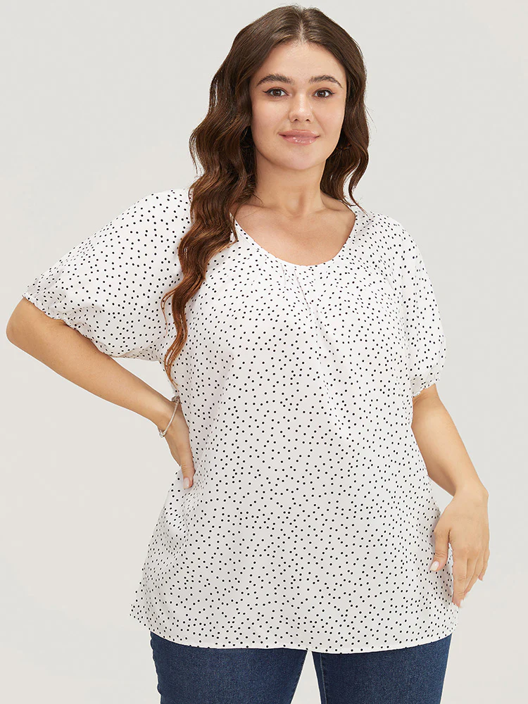 Polka Dot Pleated Round Neck Puff Sleeve Blouse - Image 3