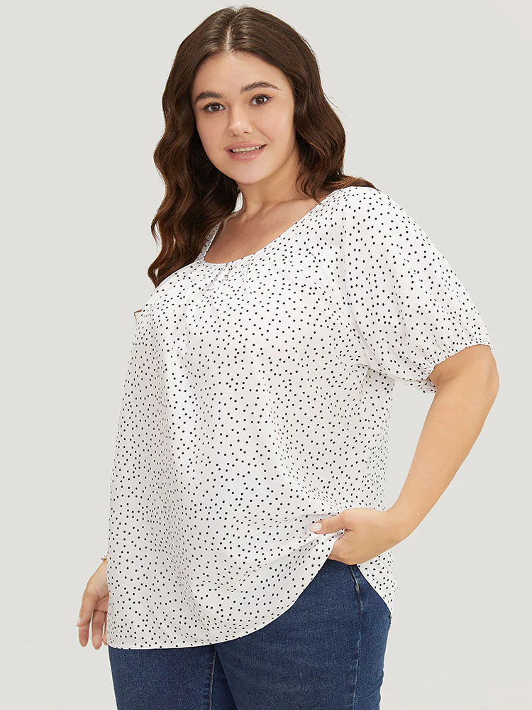 Polka Dot Pleated Round Neck Puff Sleeve Blouse - Image 4