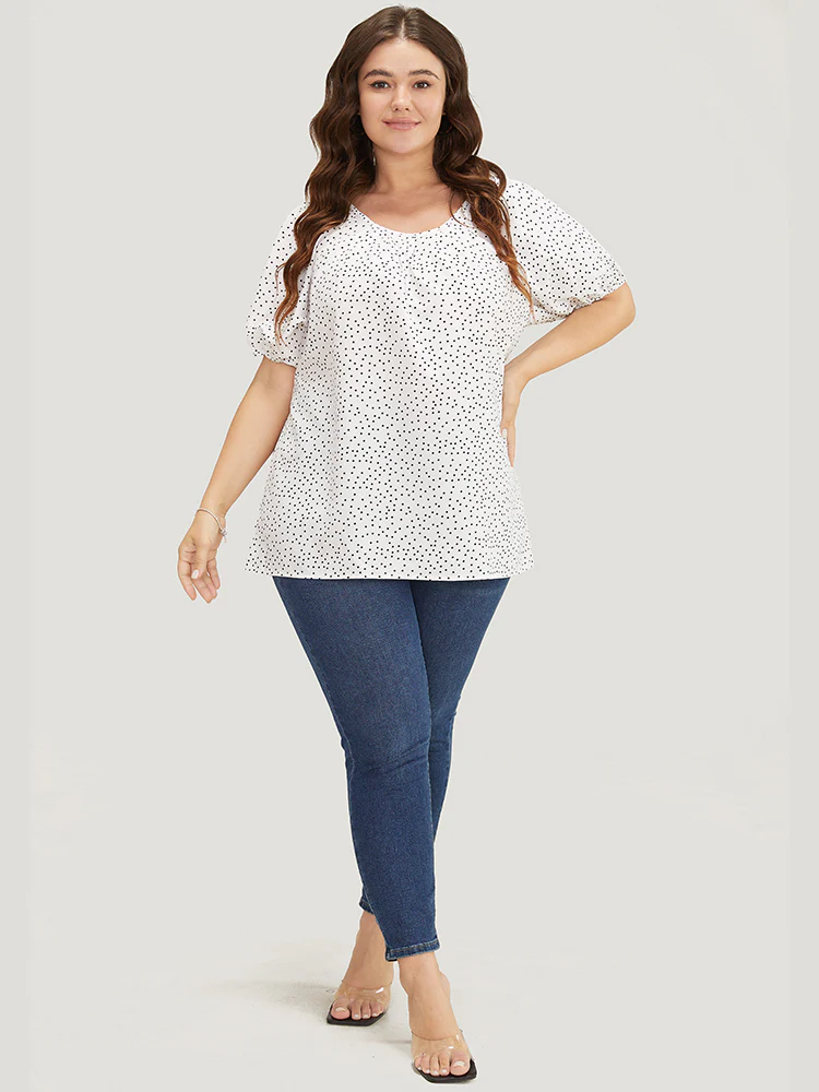 Polka Dot Pleated Round Neck Puff Sleeve Blouse - Image 5