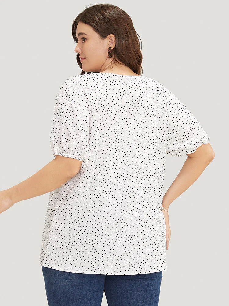 Polka Dot Pleated Round Neck Puff Sleeve Blouse - Image 6