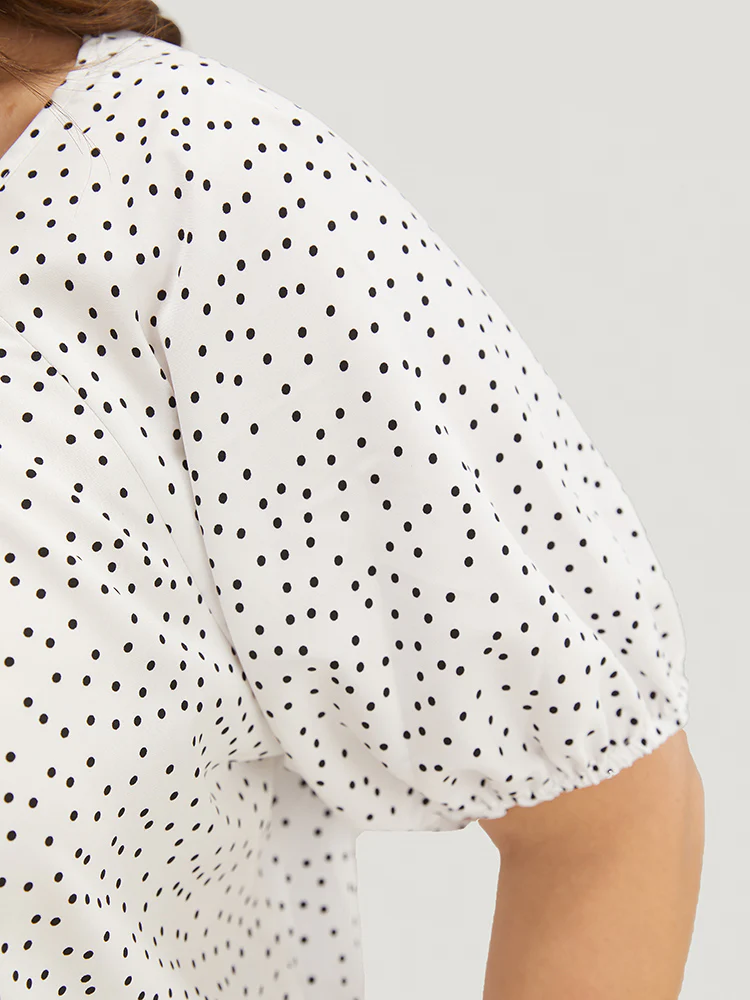 Polka Dot Pleated Round Neck Puff Sleeve Blouse - Image 7