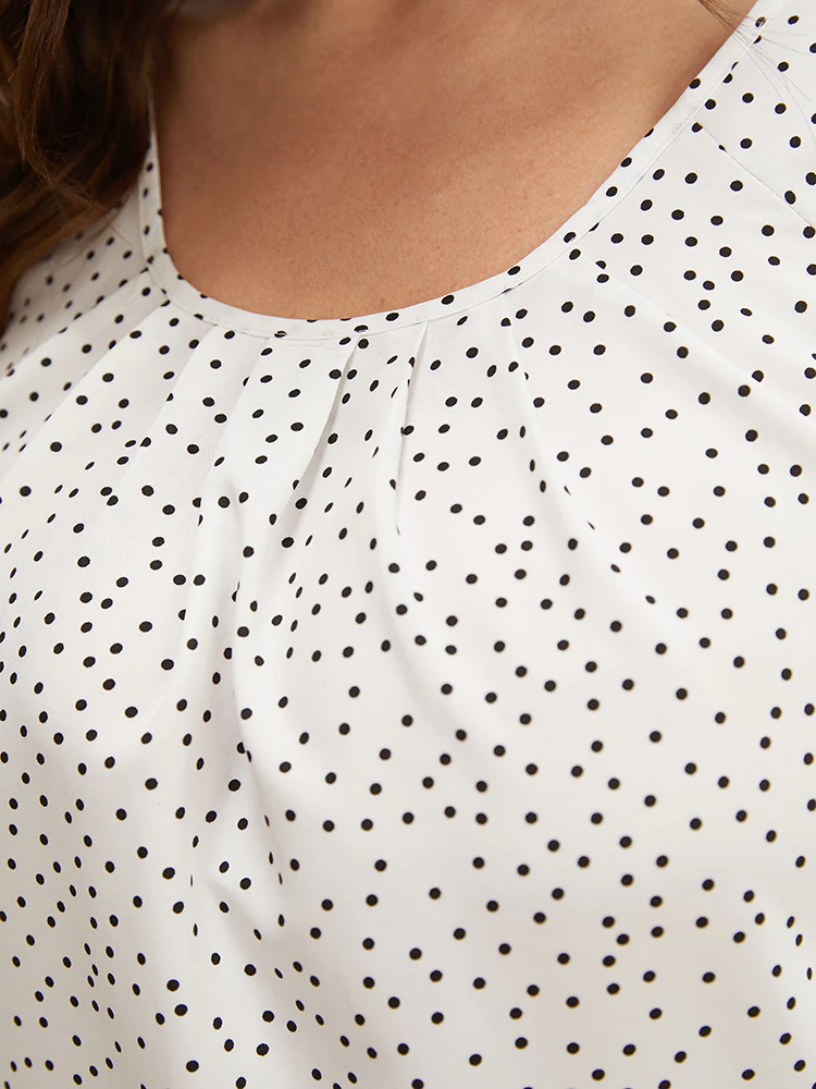 Polka Dot Pleated Round Neck Puff Sleeve Blouse - Image 8