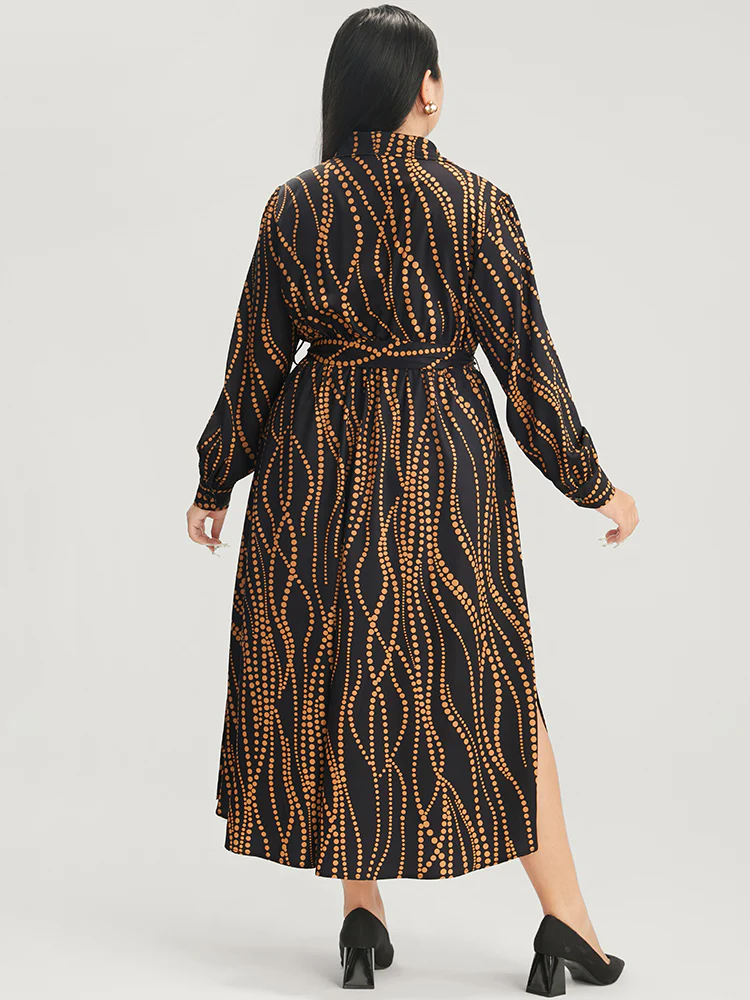 Polka Dot Pocket Button Detail Belted Shirt Collar Dress - Image 2