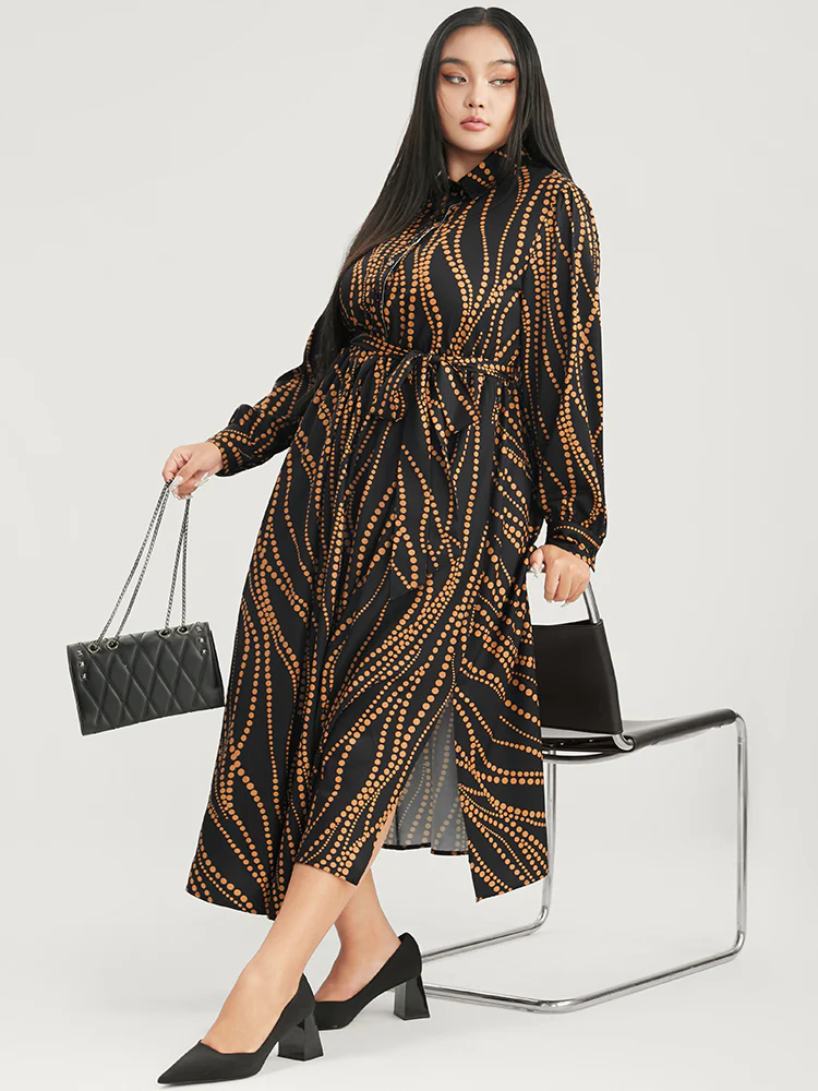 Polka Dot Pocket Button Detail Belted Shirt Collar Dress - Image 3