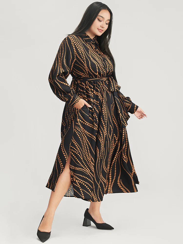 Polka Dot Pocket Button Detail Belted Shirt Collar Dress - Image 4
