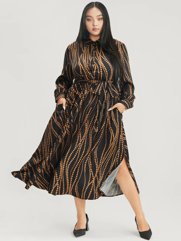 Polka Dot Pocket Button Detail Belted Shirt Collar Dress - Image 5
