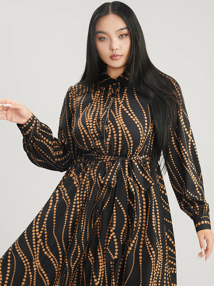 Polka Dot Pocket Button Detail Belted Shirt Collar Dress - Image 6