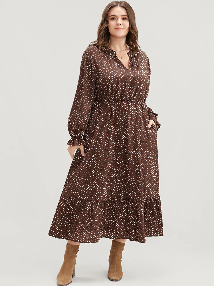 Polka Dot Pocket Lantern Sleeve Flutter Hem Dress - Image 2