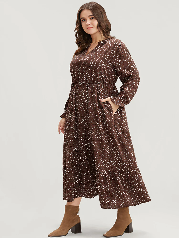Polka Dot Pocket Lantern Sleeve Flutter Hem Dress - Image 4
