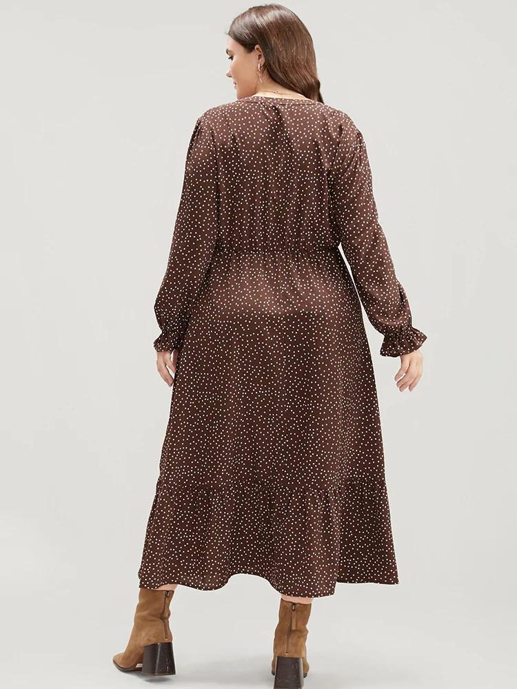 Polka Dot Pocket Lantern Sleeve Flutter Hem Dress - Image 5