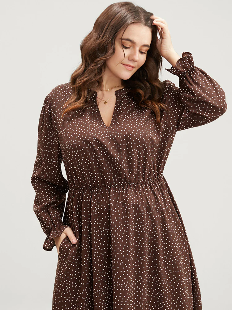 Polka Dot Pocket Lantern Sleeve Flutter Hem Dress - Image 6