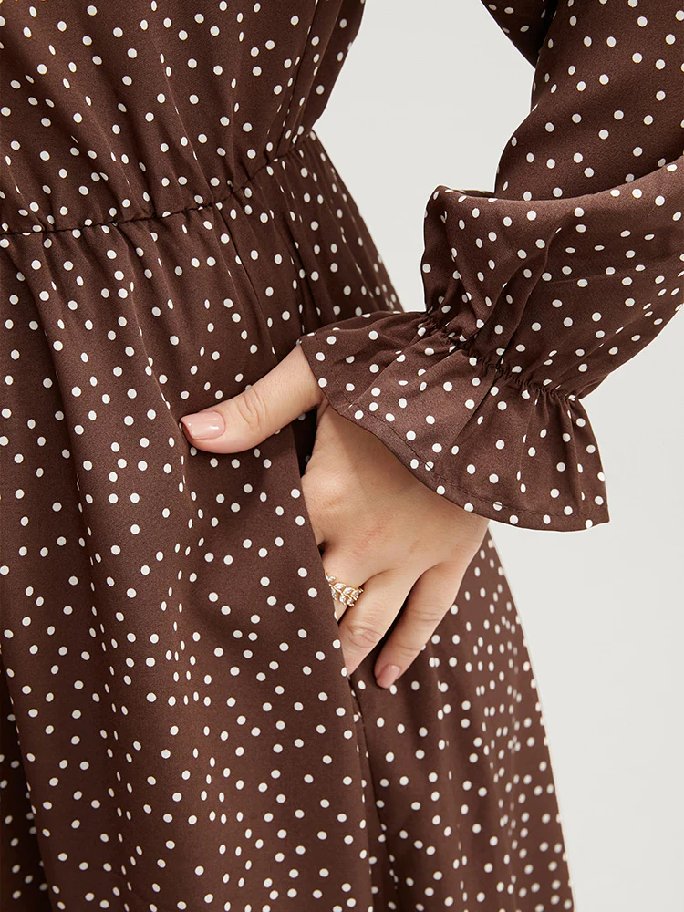 Polka Dot Pocket Lantern Sleeve Flutter Hem Dress - Image 9