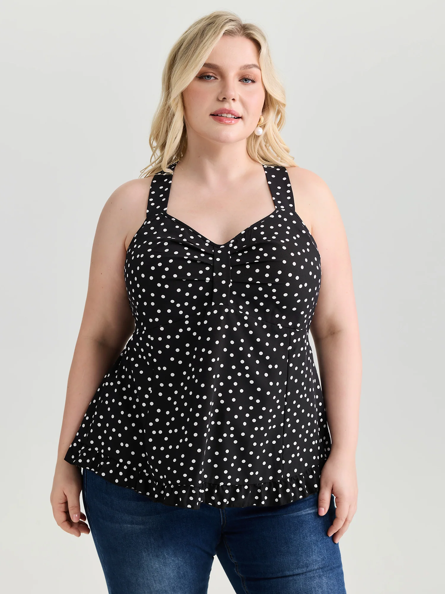Polka Dot Print Gathered Bodice Tank Top - Image 2