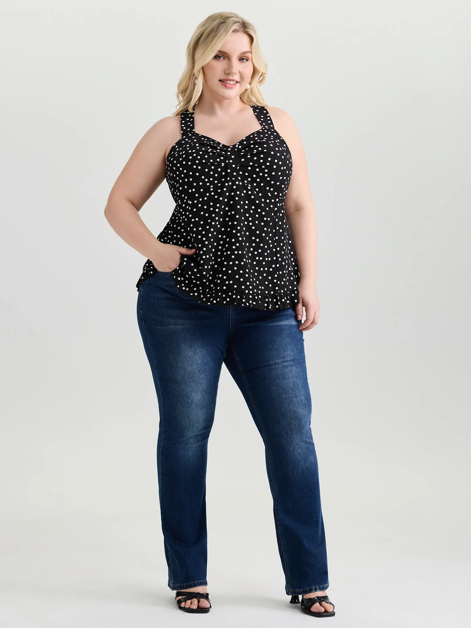 Polka Dot Print Gathered Bodice Tank Top - Image 3