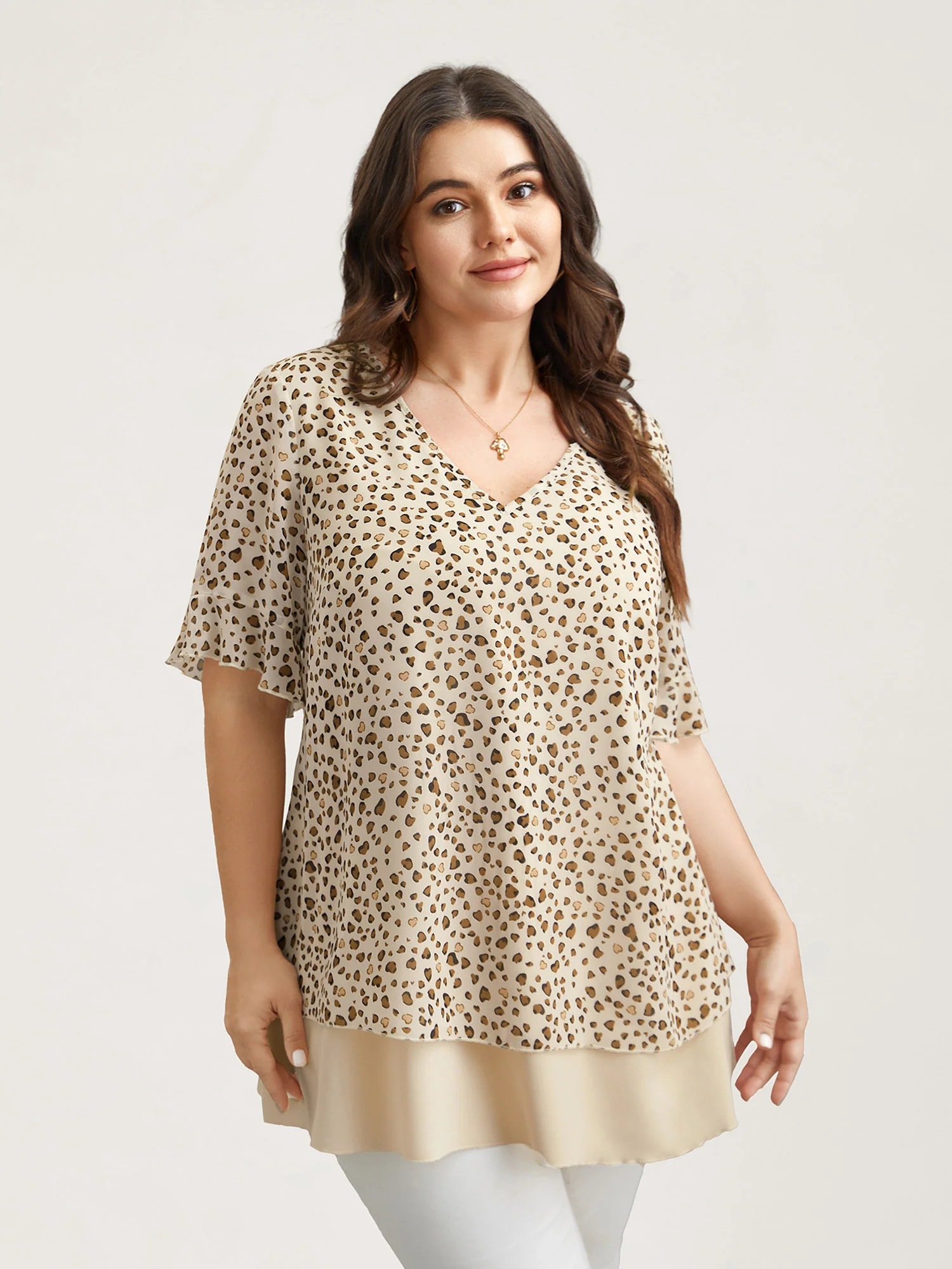 Polka Dot Print Ruffled V-Neck Layered Shirt - Image 3
