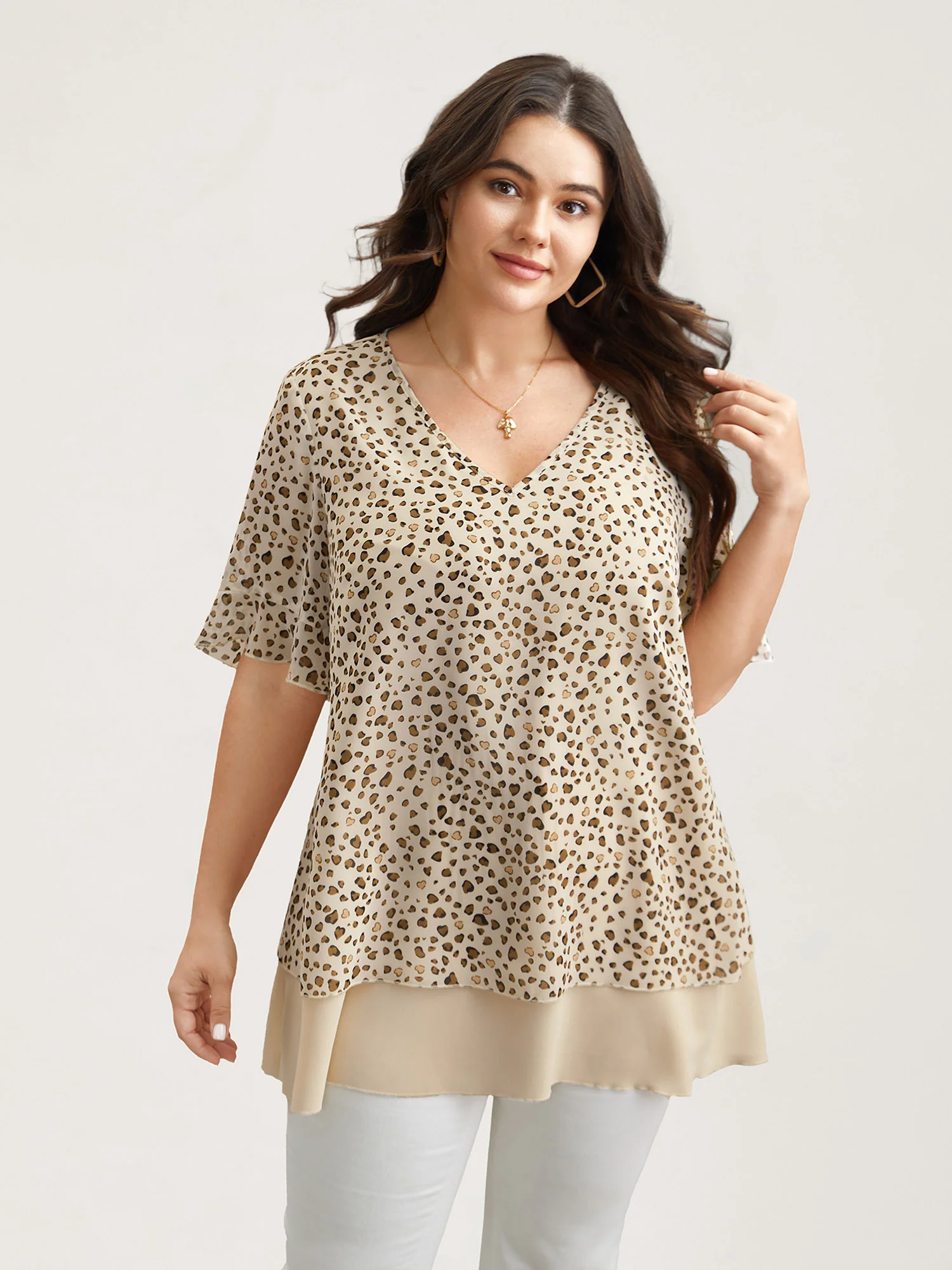 Polka Dot Print Ruffled V-Neck Layered Shirt - Image 4