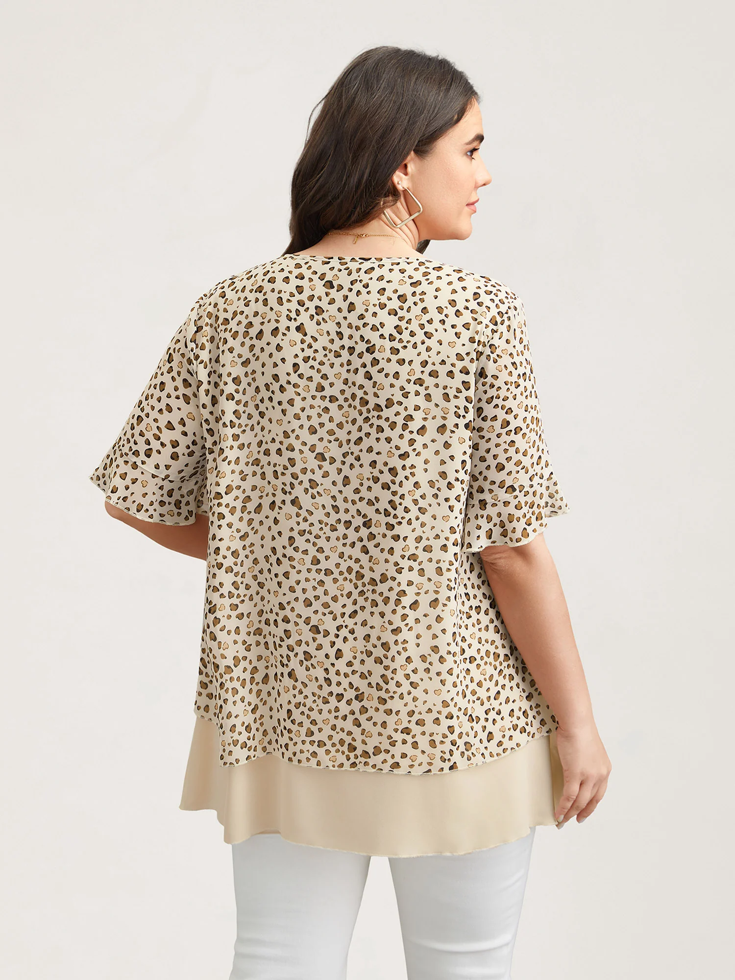 Polka Dot Print Ruffled V-Neck Layered Shirt - Image 5