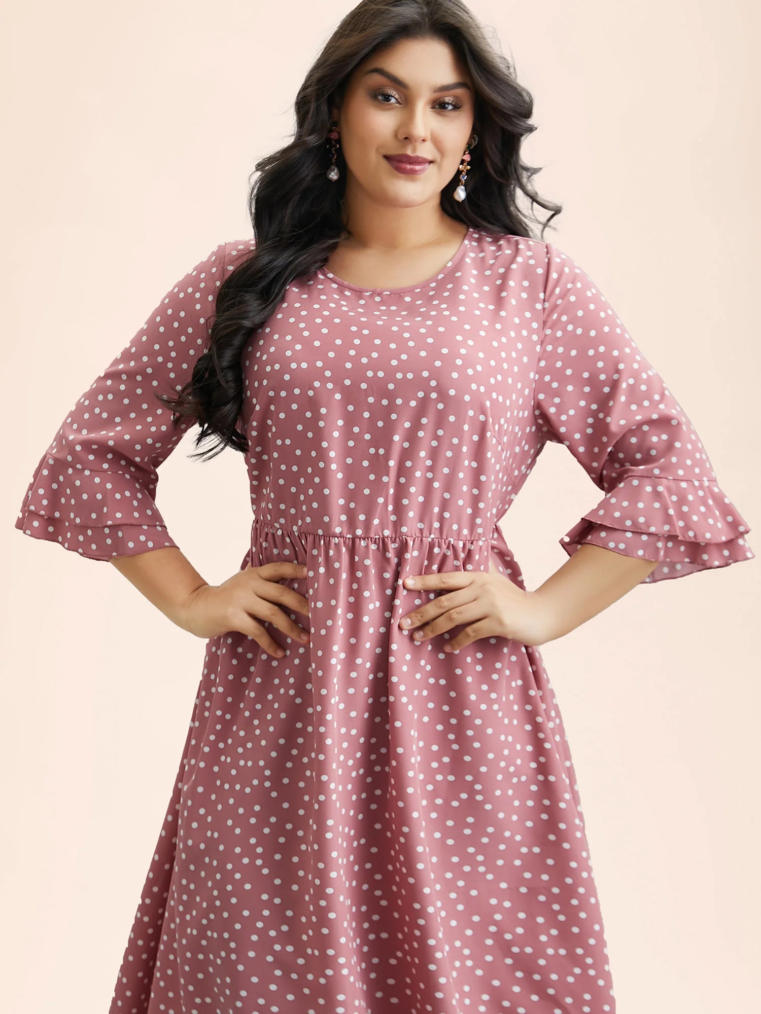 Polka Dot Print Tiered Ruffles Sleeve Midi Dress - Image 2