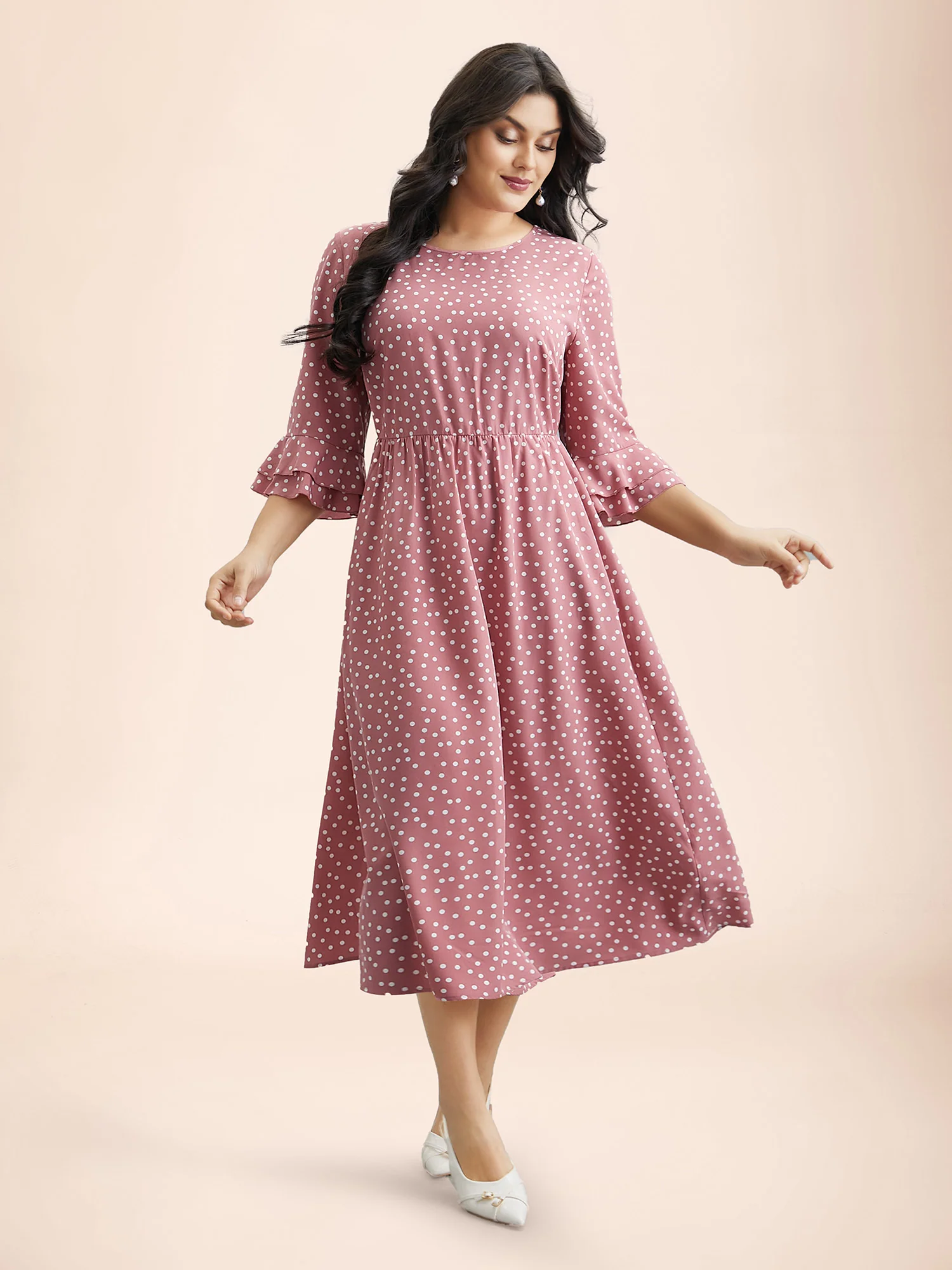 Polka Dot Print Tiered Ruffles Sleeve Midi Dress - Image 3