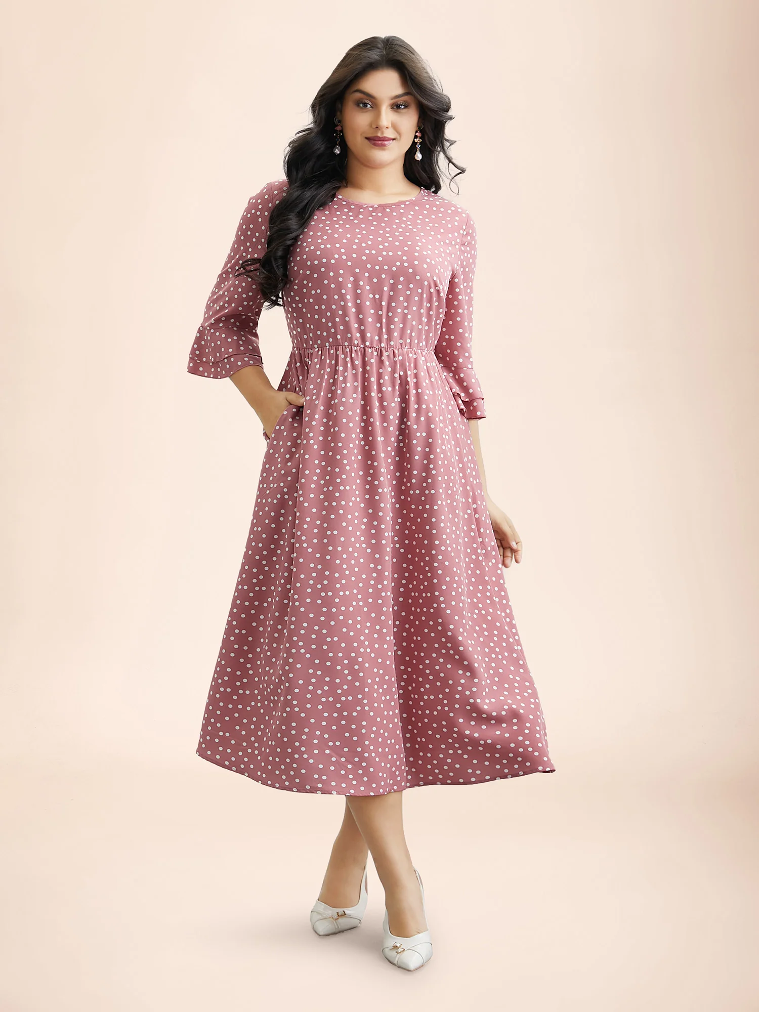 Polka Dot Print Tiered Ruffles Sleeve Midi Dress - Image 4