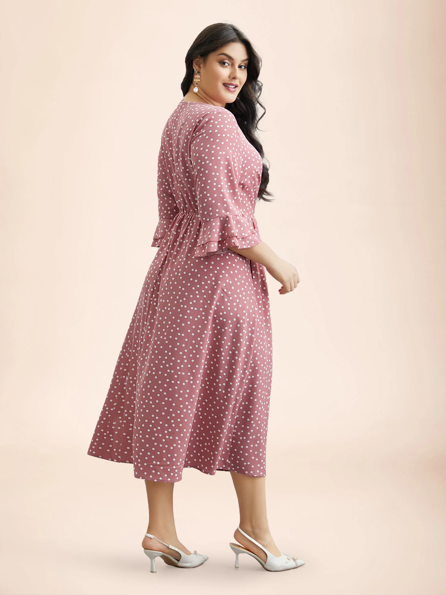 Polka Dot Print Tiered Ruffles Sleeve Midi Dress - Image 5