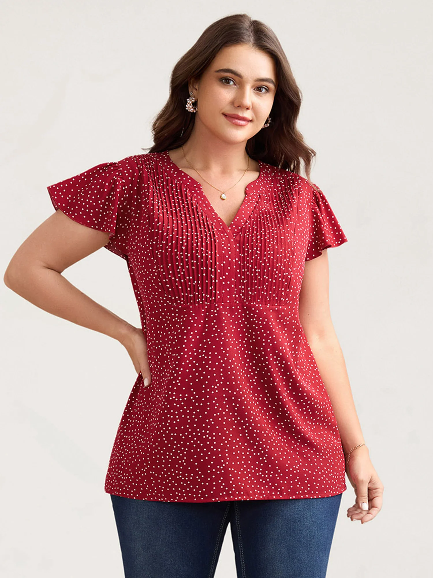 Polka Dot Print Toothpick Pleat Blouse - Image 2