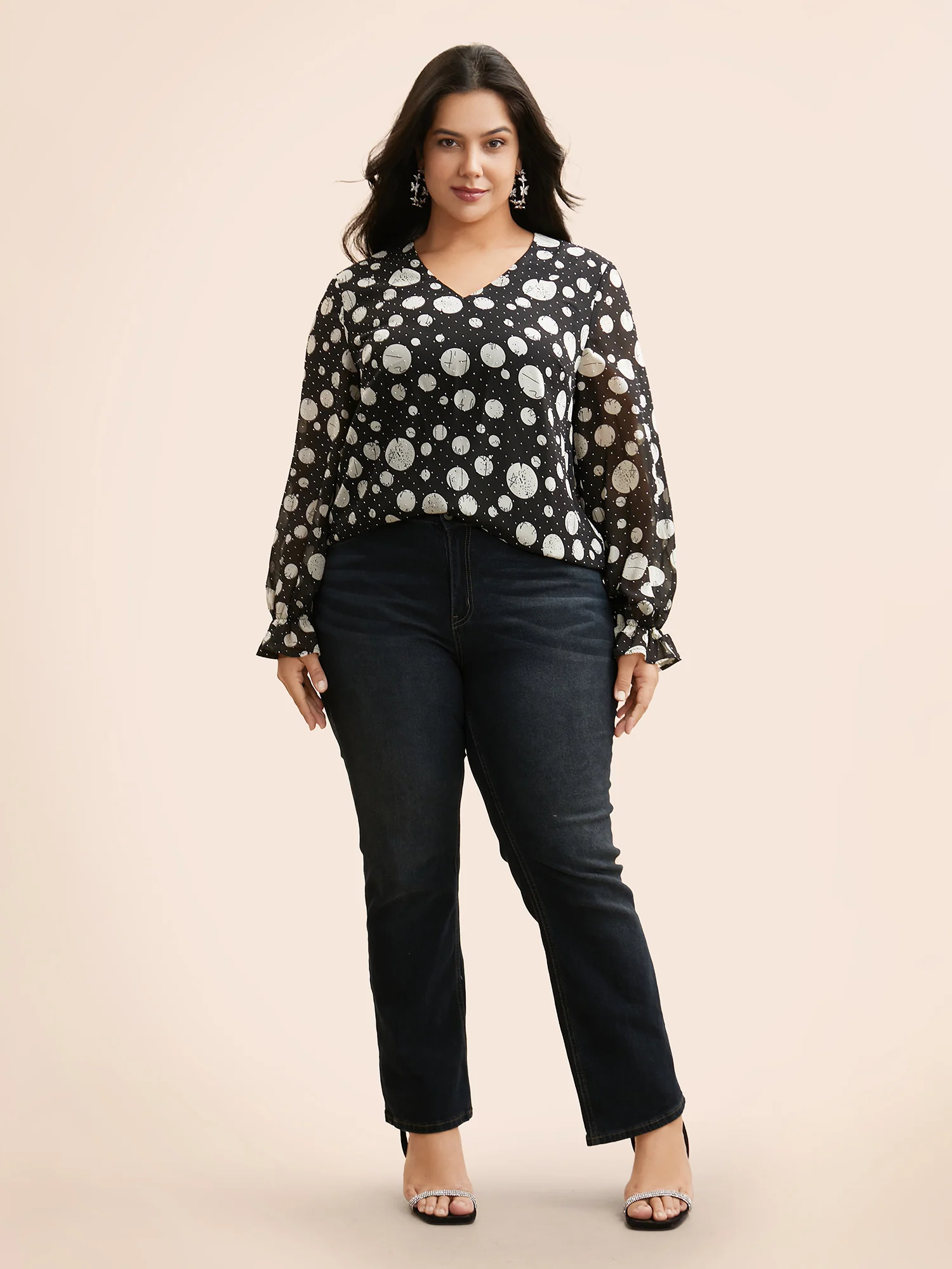 Polka Dot Rhinestone Lantern Sleeve Blouse - Image 2